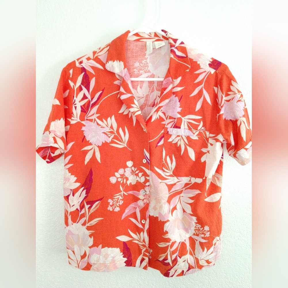 Cynthia Rowley Sleepwear PAJAMA TOP ONLY Linen Blend Orange White Floral Size XS